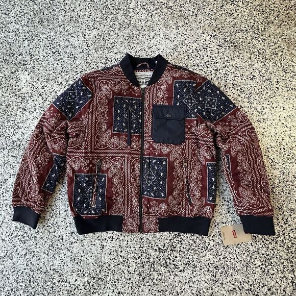 Levis Diamond Quilted Bomber Jacket Mens Large Bandana Insulation Red Blue Zip